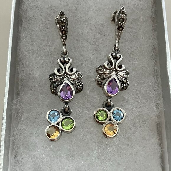 Jewelry - 925 Sterling Silver Marcasite, Citrine, Blue topaz, Amethyst & Peridot  Earrings
